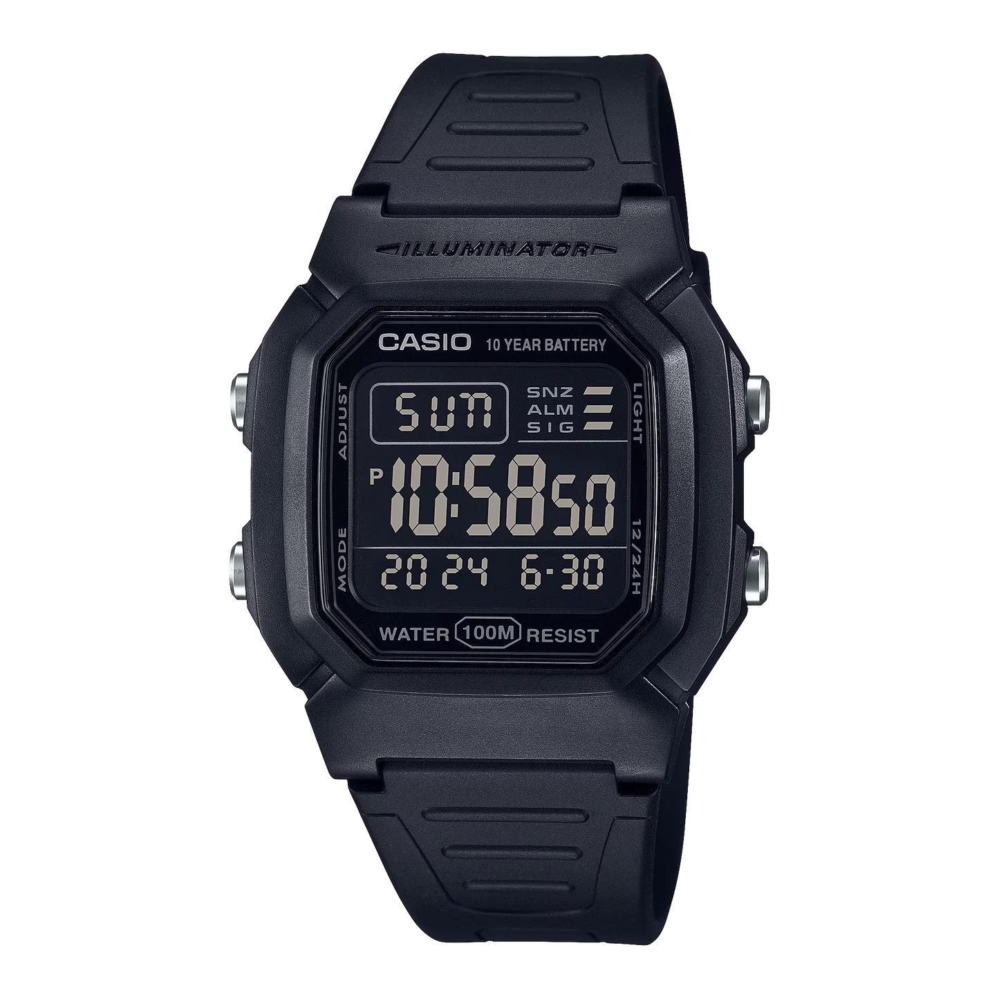 Classic Digital Watch w/ Blackout Dial, Dual Time & 5 Alarms